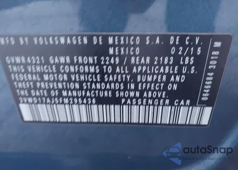 2015 Volkswagen Jetta 1.8T Se z USA, uszkodzony, nr VIN 3VWD17AJ5FM295436